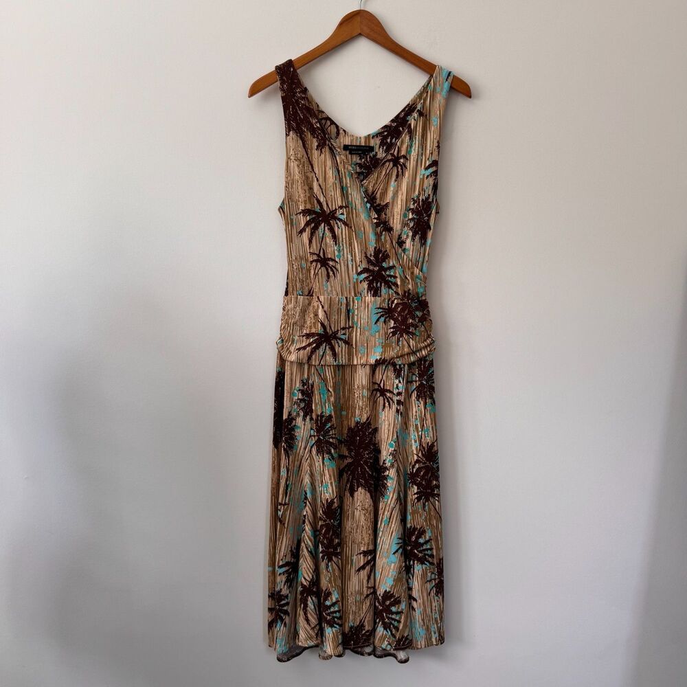 BCBGMAXAZRIA Tropical Palm Tree V-Neck Midi Dress Medium